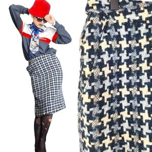 Perry Ellis Tweed Boucle Houndstooth Pencil Skirt Wool Blend Womens 27 Preppy